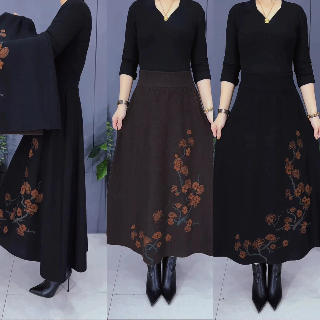 211#荷花针织大摆裙时尚打底中年女士半身裙妈妈装修身显瘦中长款