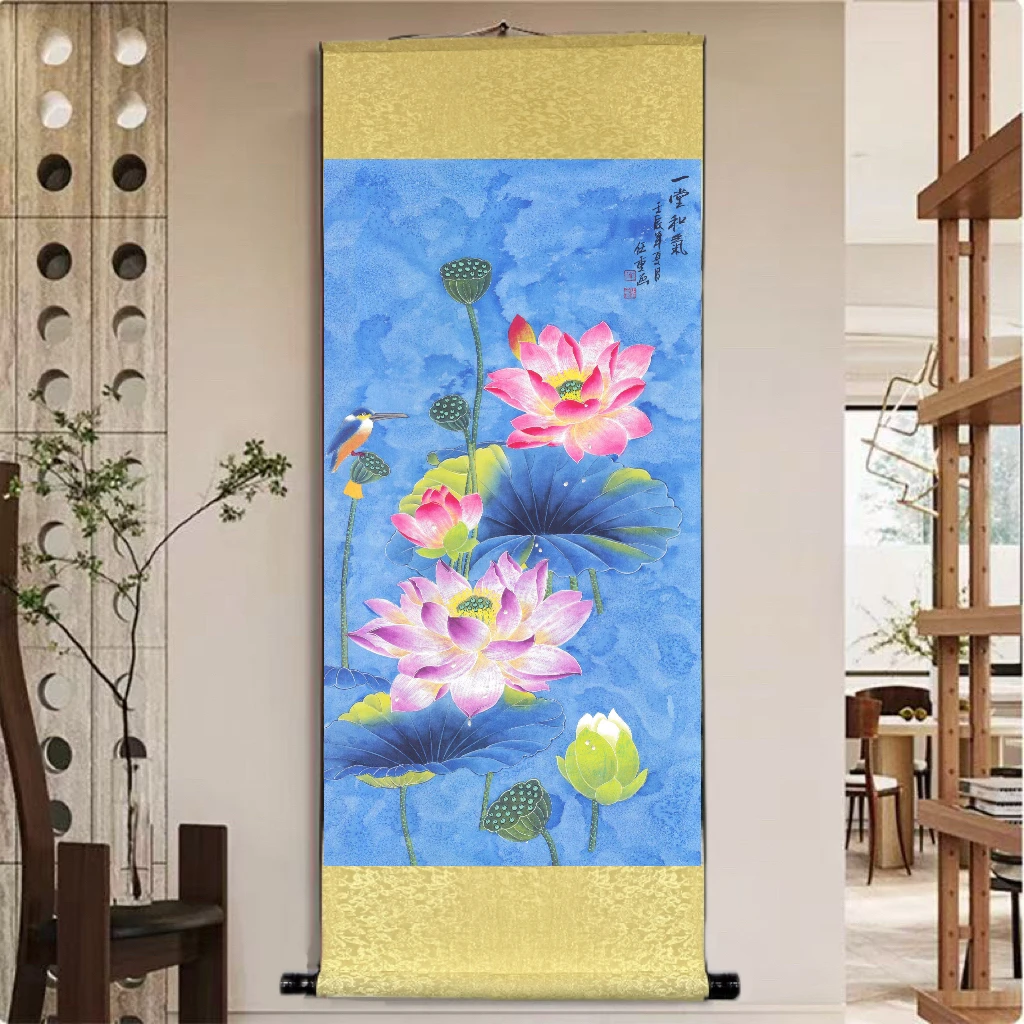 《一堂和气 .蓝荷花》 宽45高140 国画