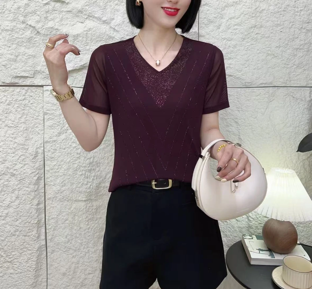 南韩纱烫钻五分袖 内搭打底衫修身显瘦上衣潮【短袖·清爽】