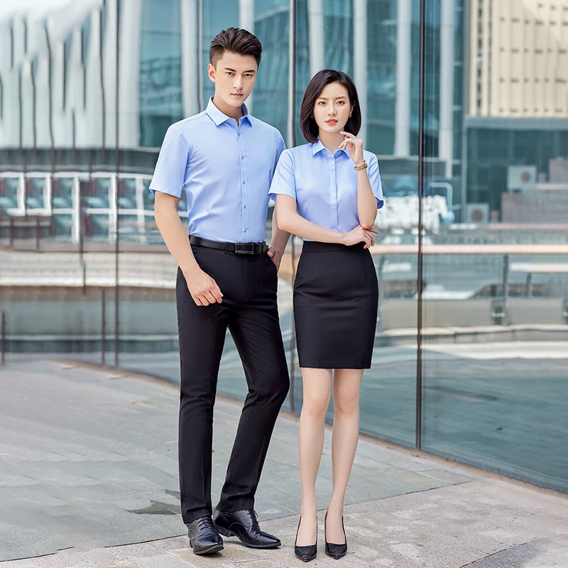 职业纯棉白衬衫长短袖工作服套装男女浅蓝免烫衬衣工装定制绣LOGO