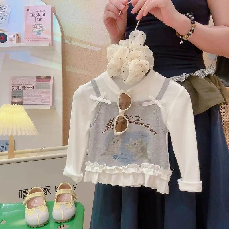 百搭秋衣儿童春秋洋气卡通女童T恤打底衫韩版花边长袖假两件上衣