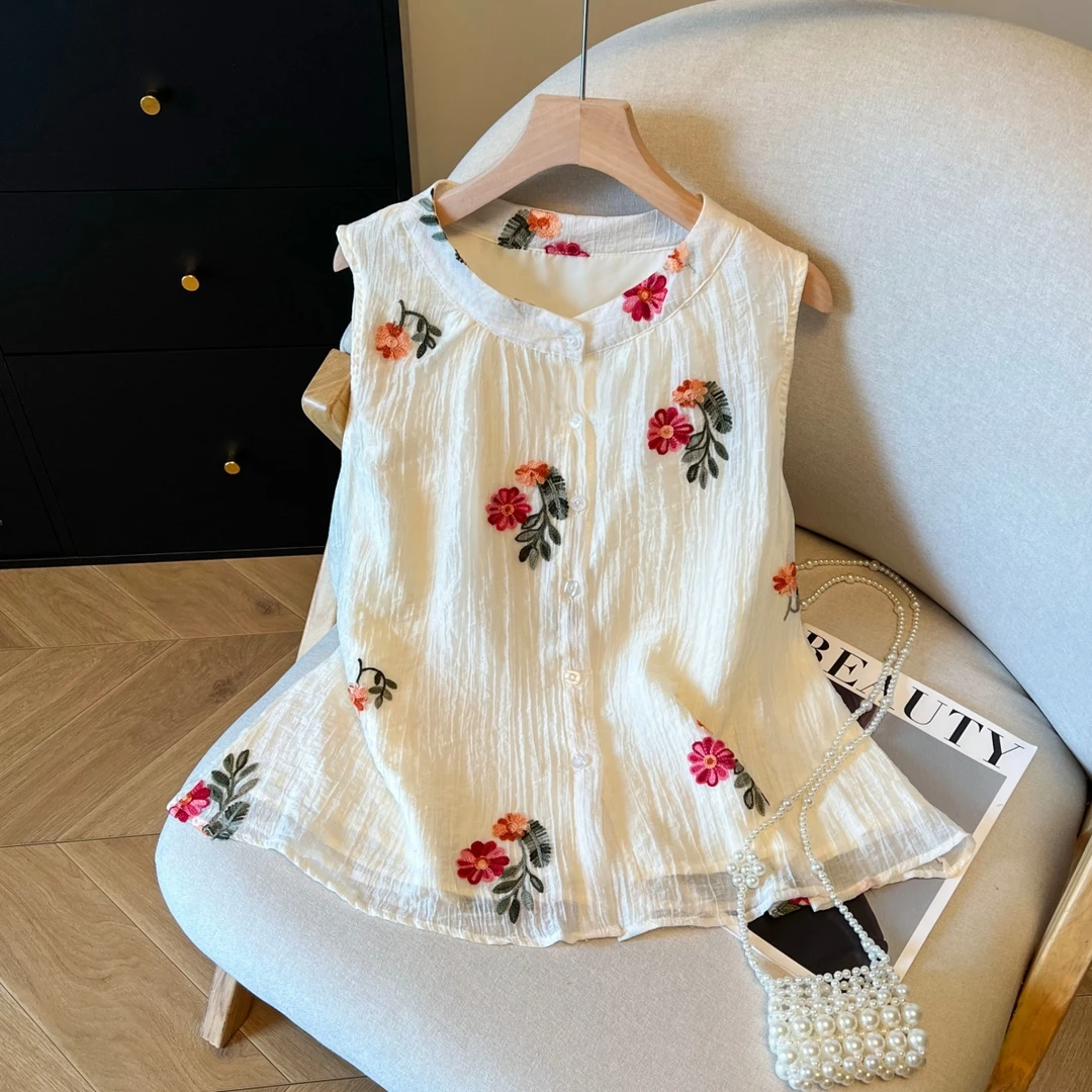 2025夏季新款韩版甜美宽松显瘦重工刺绣立体花无袖背心上衣女小衫