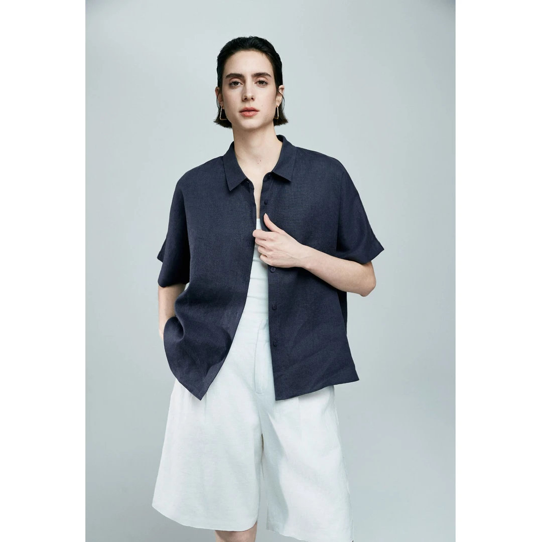 初棉【上新】老钱风翻领设计感夏季简约纯色亚麻衬衫353604010