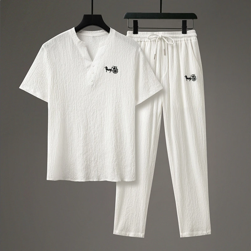 冰丝t恤男夏季高端短袖休闲运动套装2024新款搭配一套v领半袖体恤