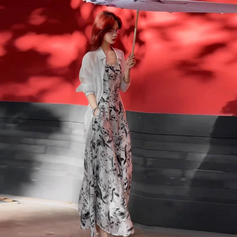 时尚连衣裙女夏季新款洋气显瘦冰丝防晒衬衫搭配吊带裙子两件套裙