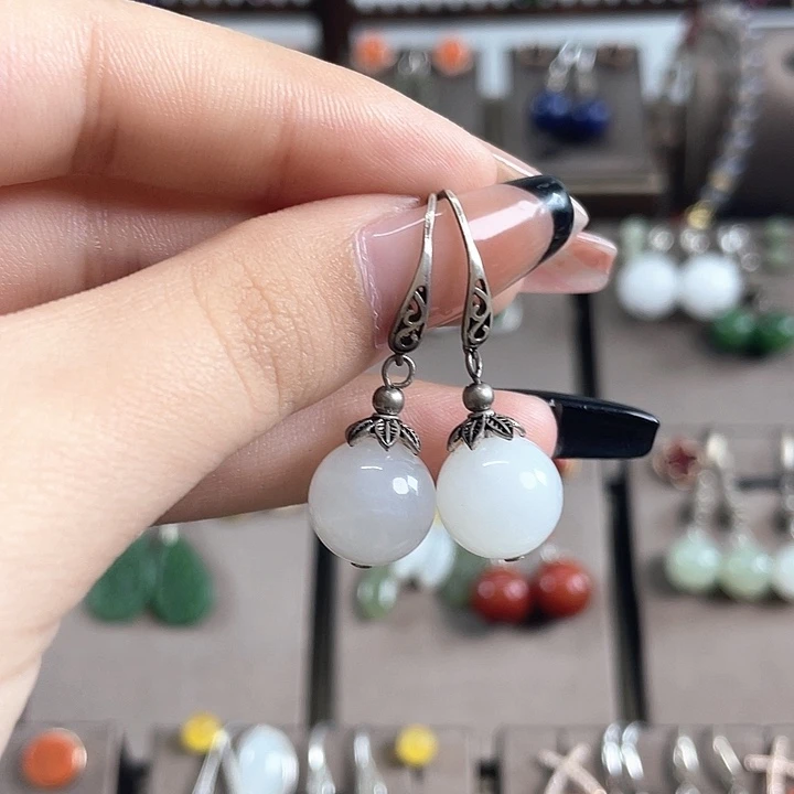 和田玉（白玉）银S925镶嵌耳饰12左右