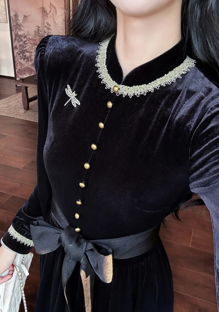 法式女装晚礼服长袖裙女秋季系带A字连衣裙高腰显瘦2025秋季新款
