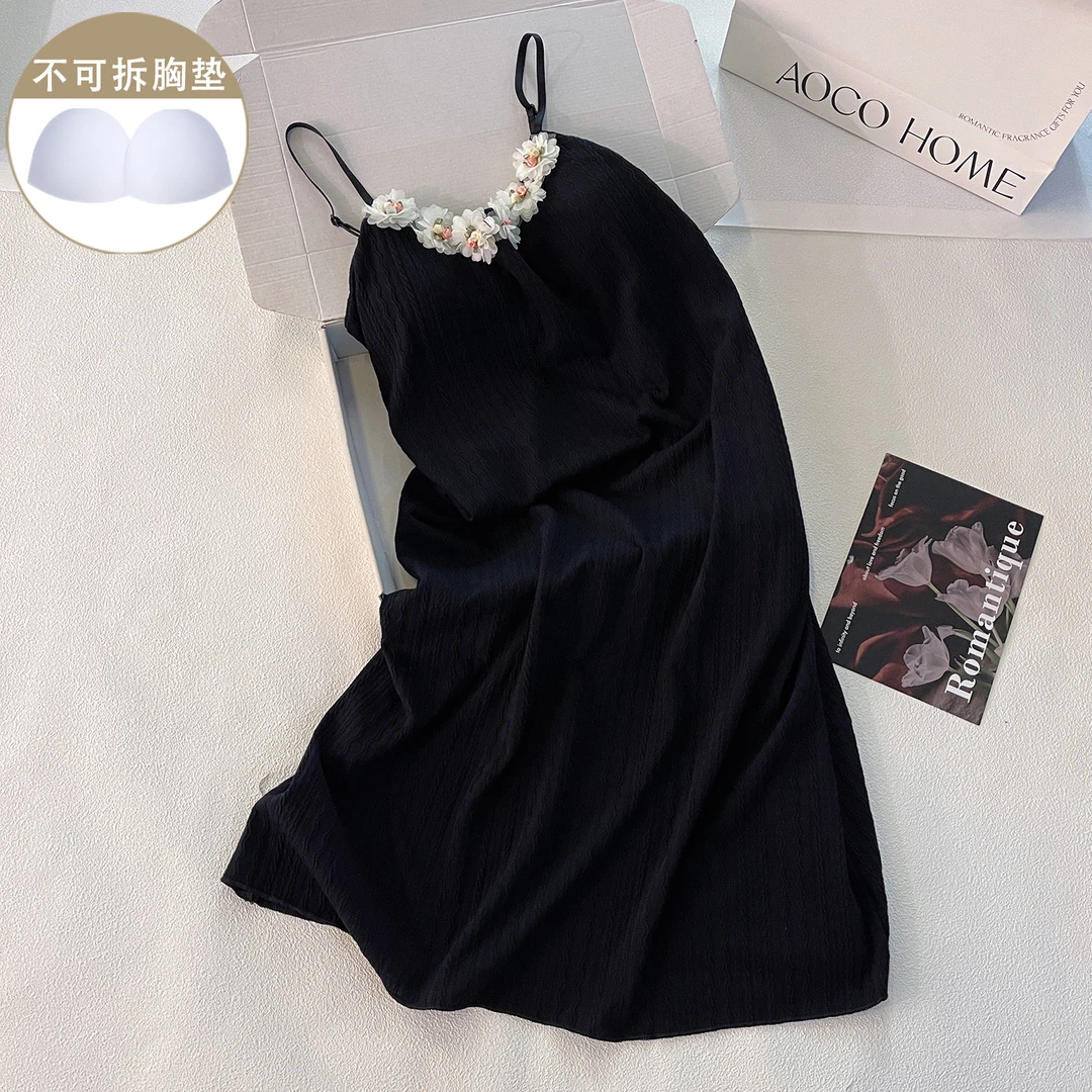 田园风睡衣女夏季黑色花朵带胸垫吊带睡裙宽松中长款小个子家居服