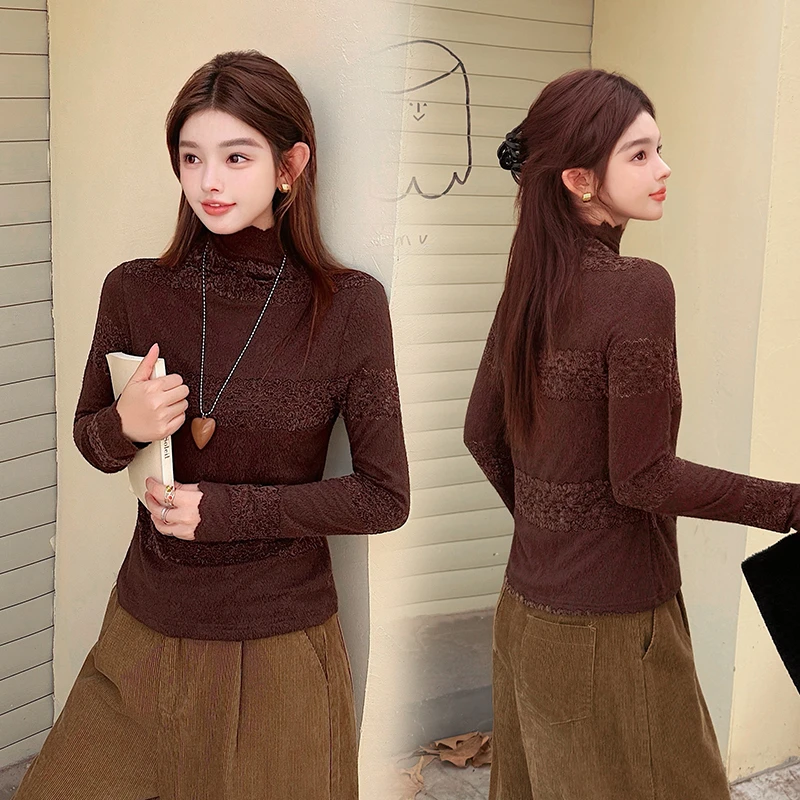 洋气短款半高领蕾丝衫女2025秋冬季新款时尚百搭上衣长袖打底衫潮