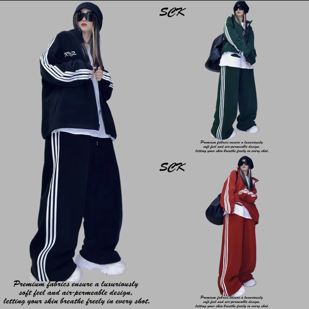 时超康友利玖壹玖秋冬长裤刺绣休闲裤三条杠套装阔腿裤两件