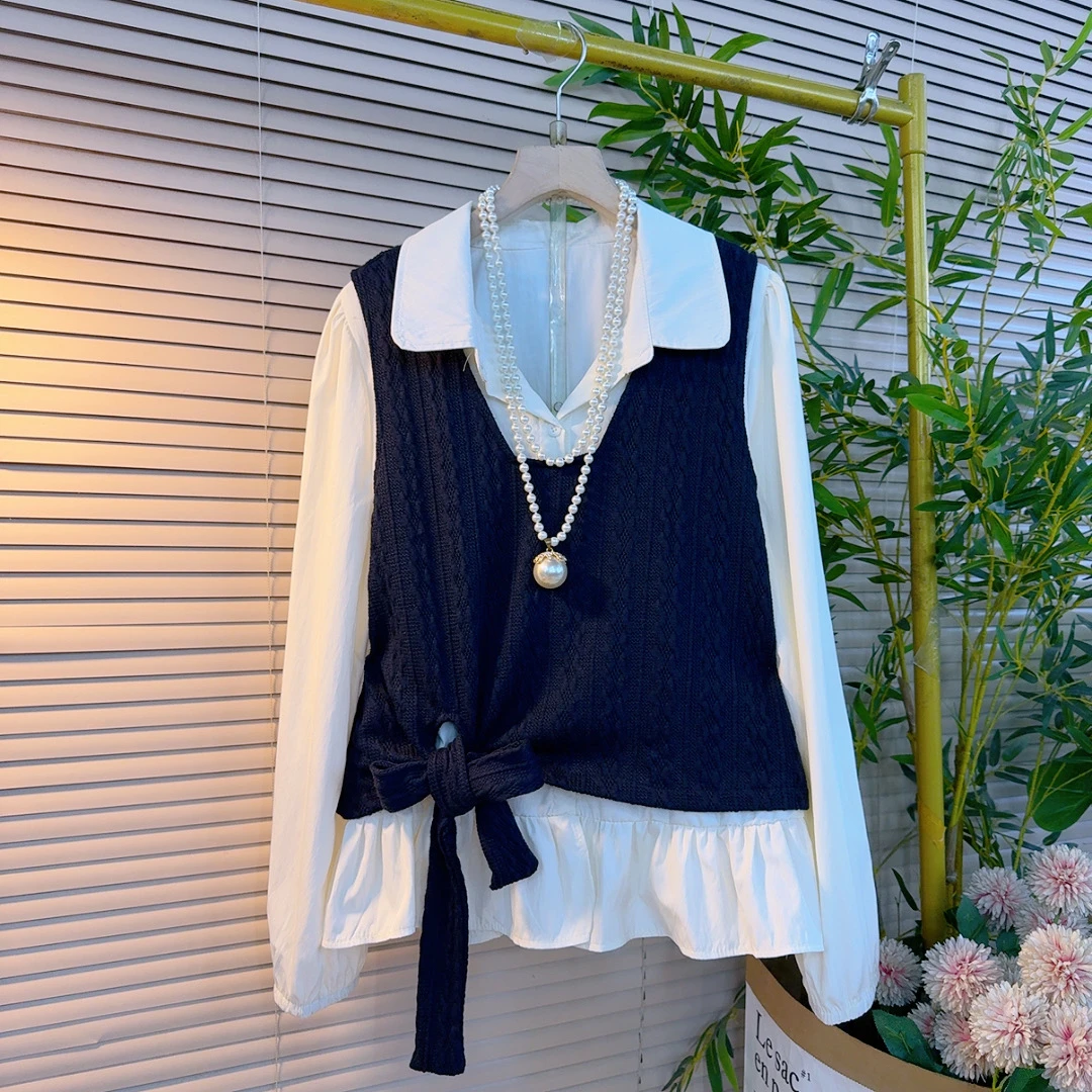 7926胖mm欧货时尚潮流针织马甲搭翻领衬衫设计感减龄显瘦两件套