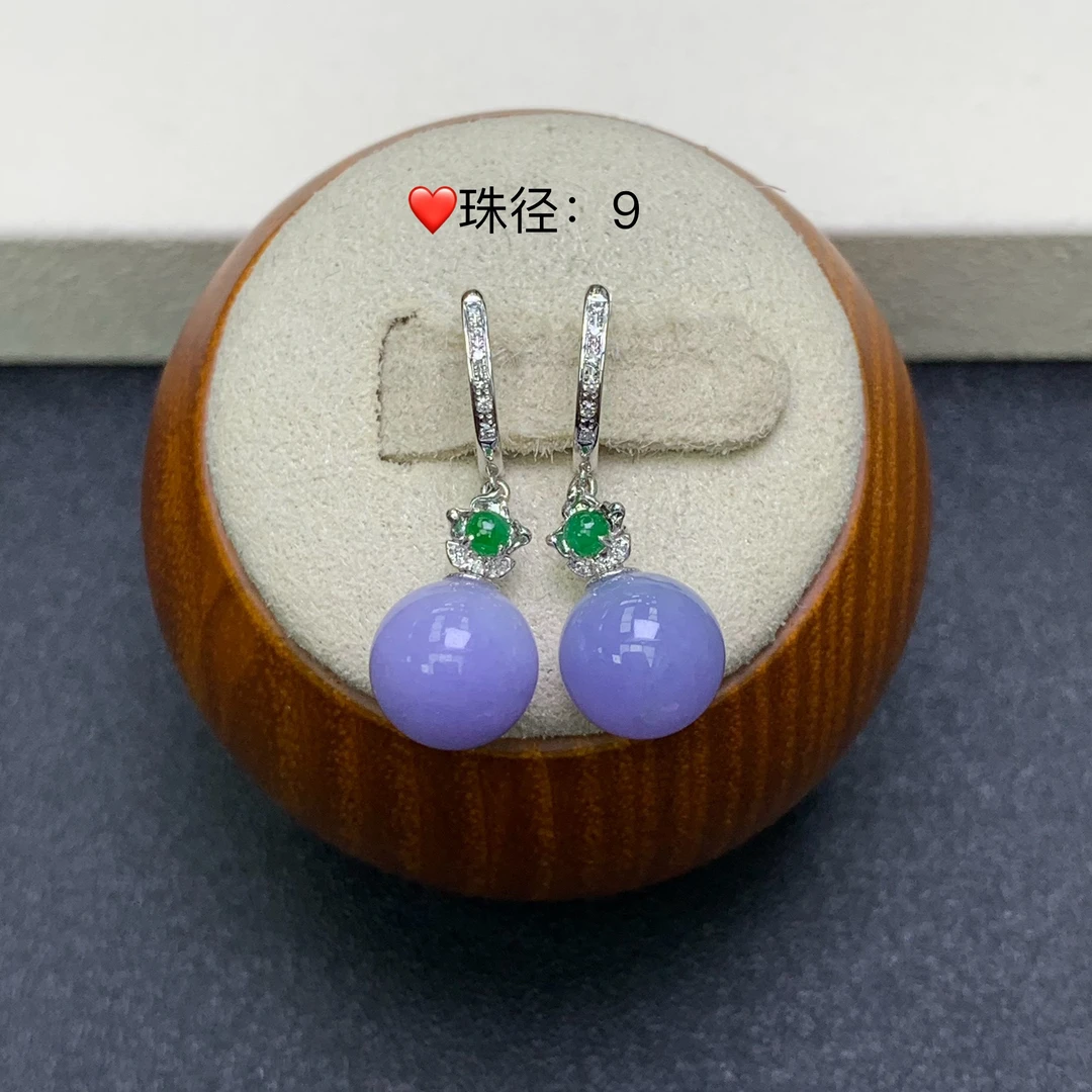新品推荐·18K金正紫色圆珠缅A翡翠玉石耳饰耳包款气质