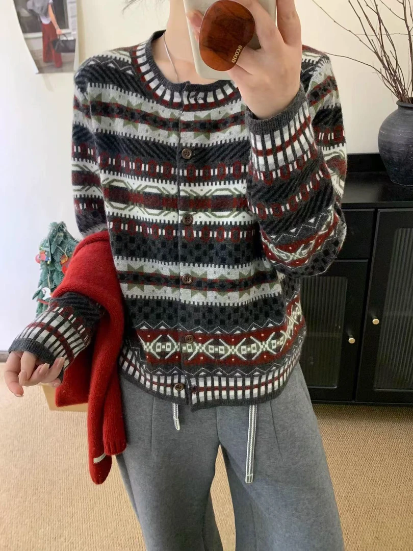 复古花色费尔岛风针织开衫欧洲站2024秋季新款韩系百搭减龄女7693