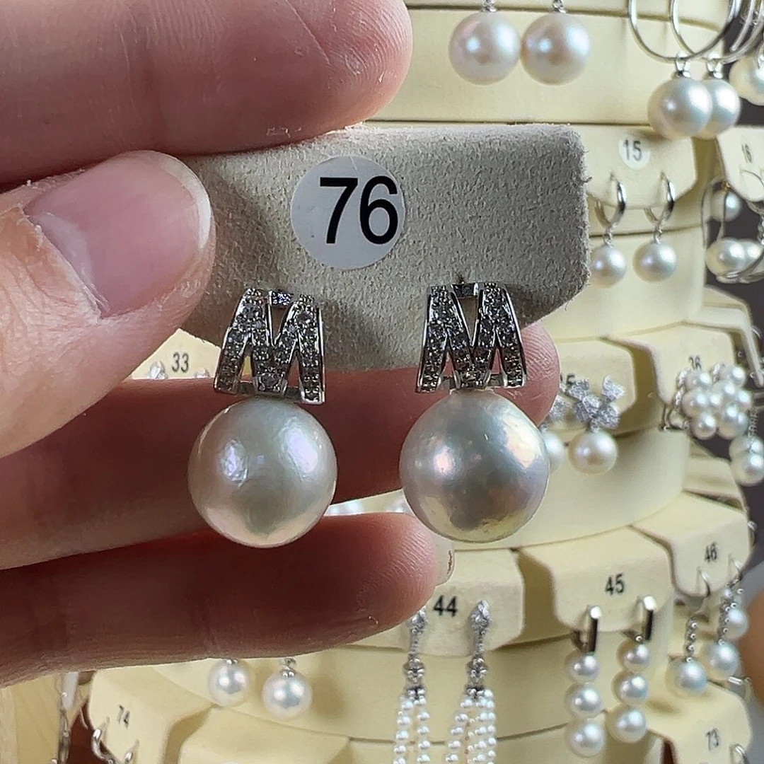 淡水珍珠银S925镶嵌耳饰13mm