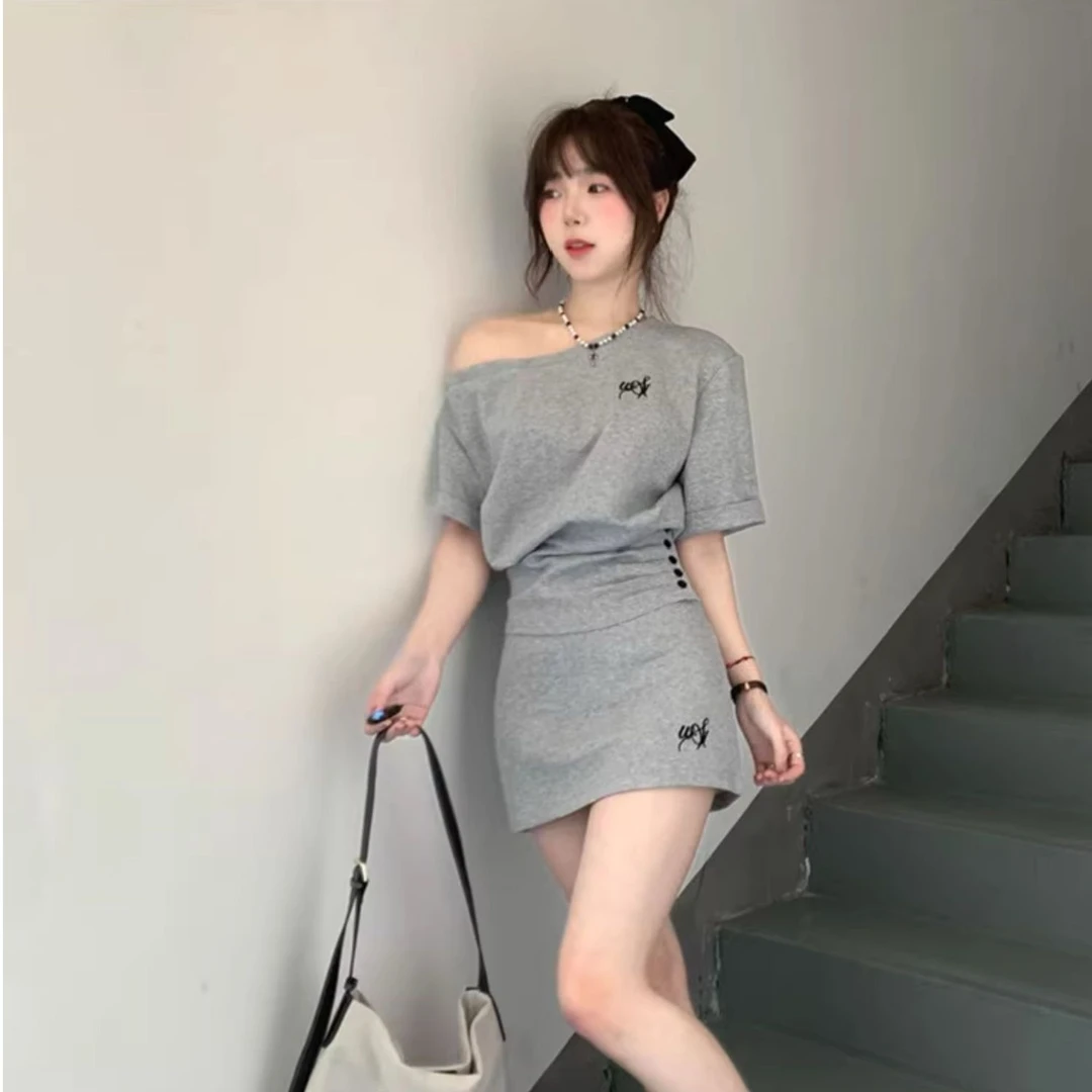 韩系灰色休闲运动夏装套装女夏季短款收腰上衣半身裙女生两件套