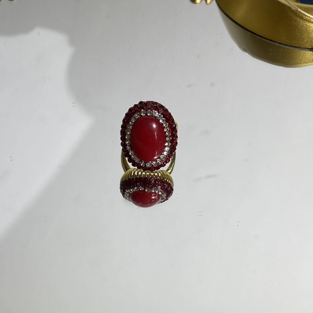 铜合金合成锆石戒指 TTSD 红色蛋面复古轻奢百搭款戒指 1293