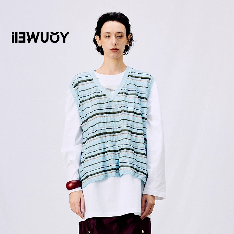 有尾YOUWEI复古褶皱毛织背心时尚条纹宽松无袖Y3325103