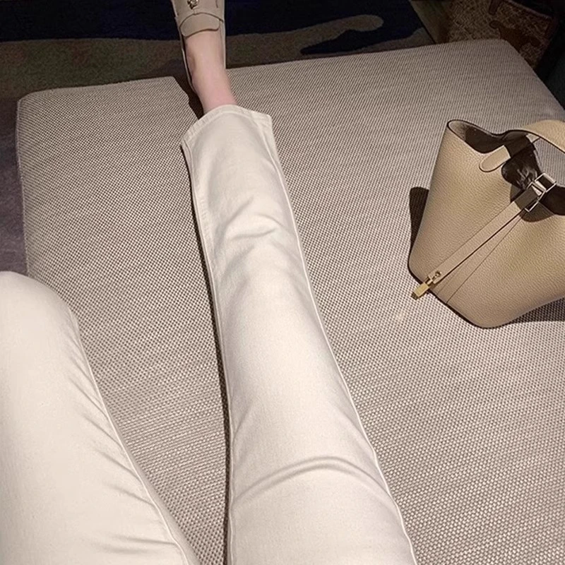 雪千羽米白直筒春秋夏牛仔裤女2025新款薄八九分小个子弹力烟管裤