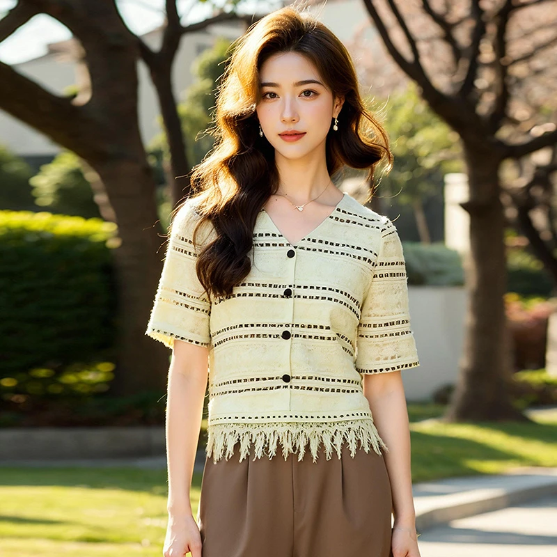 奢姿大码女装2025夏季新款气质优雅圆领上衣胖妹妹时尚短袖衬衫