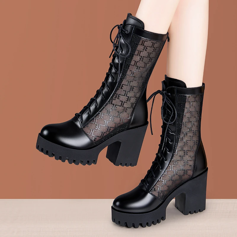 真皮防水台粗跟厚底长筒马丁靴中筒女英伦风时尚高跟新款马丁靴