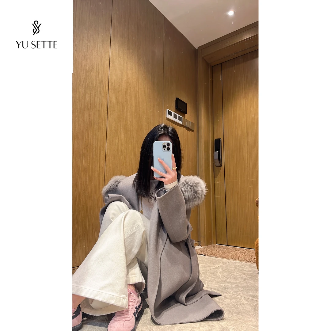 遇儿推荐【全羊毛连帽大衣】气质烟灰紫高级灰连帽大衣20240217