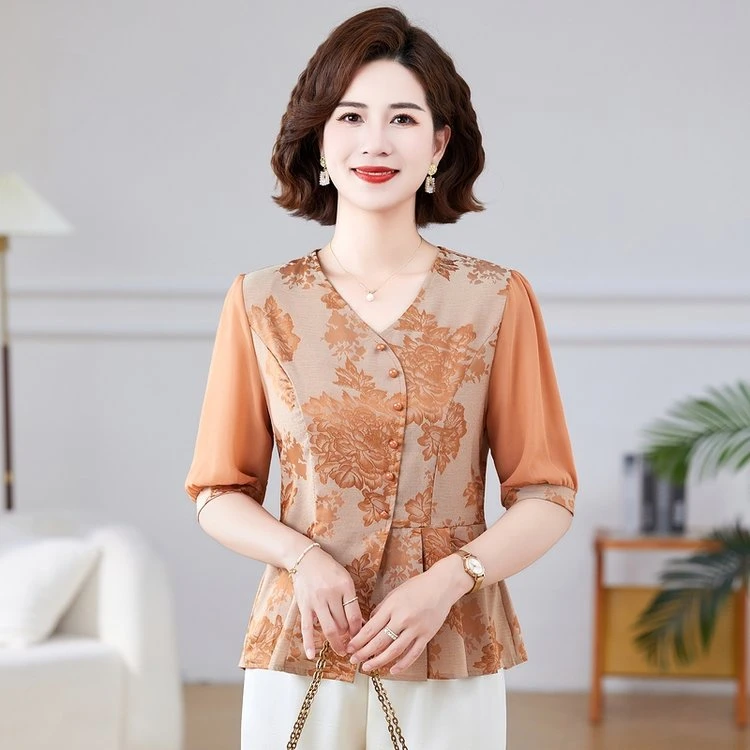 2025夏季新款中老年妈妈装修身显瘦百搭气质短袖