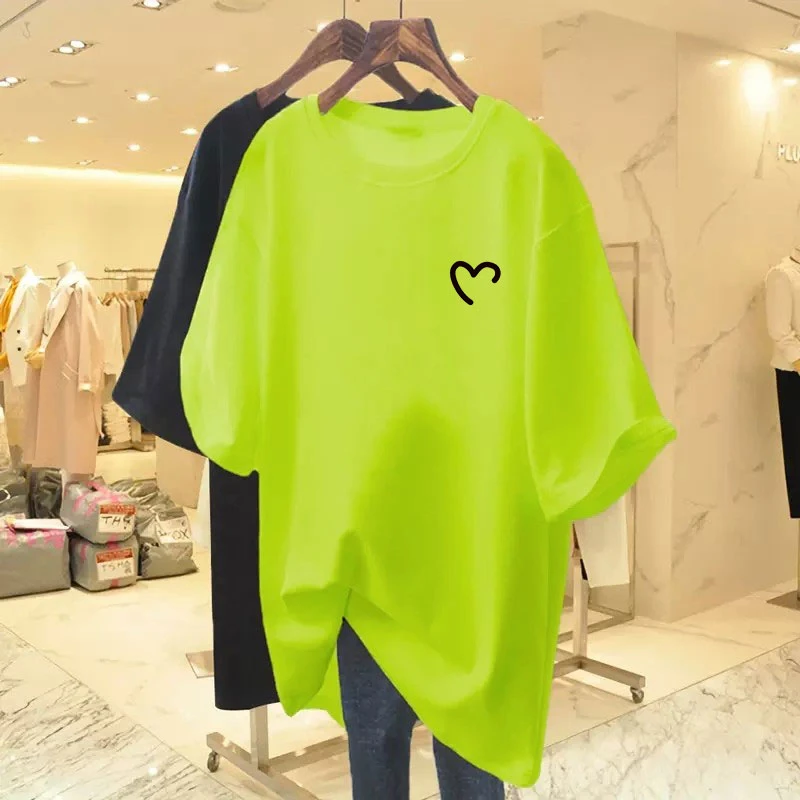 荧光绿短袖长款T恤女夏2025新款女装欧货大版纯棉宽松小个子上衣