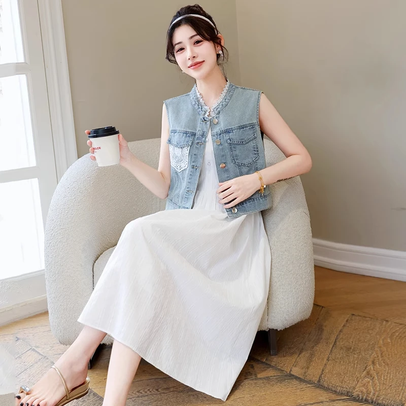 时尚牛仔马甲叠穿吊带连衣裙两件套女2025新款独特绝美春夏小套装