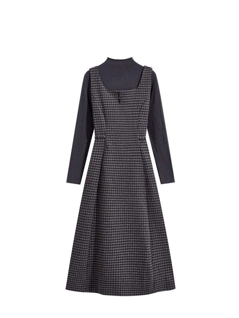 081法式名媛气质显瘦格纹背心连衣裙3093