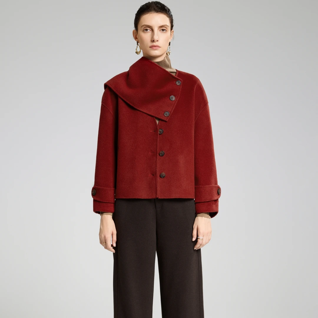 围巾领双面羊绒大衣女装小个子短款2025秋冬气质保暖羊绒毛呢外套