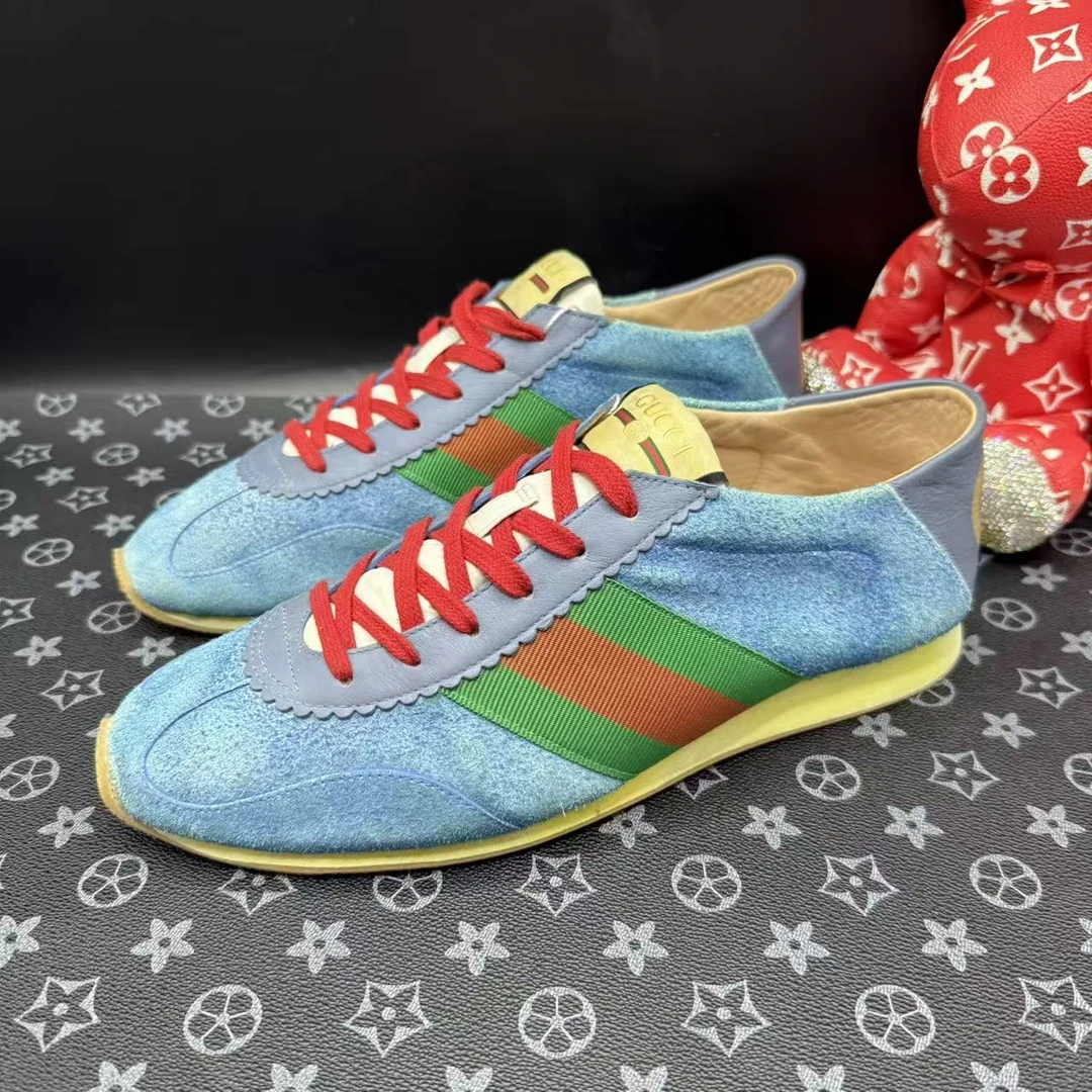 95新 GUCCI/古驰 男士时尚蓝色麂皮板鞋42.5欧码 ddm2969