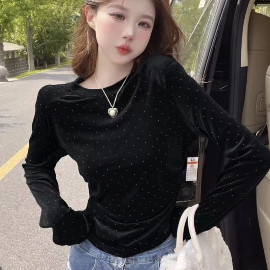 6004长袖修身显瘦打底衫百搭女士圆领波点气质上衣