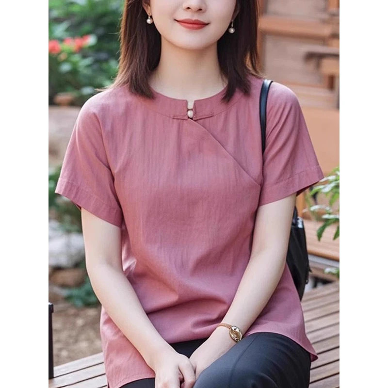 新中式国风粉色圆领短袖衬衫女装别致漂亮衬衣设计感小众气质上衣