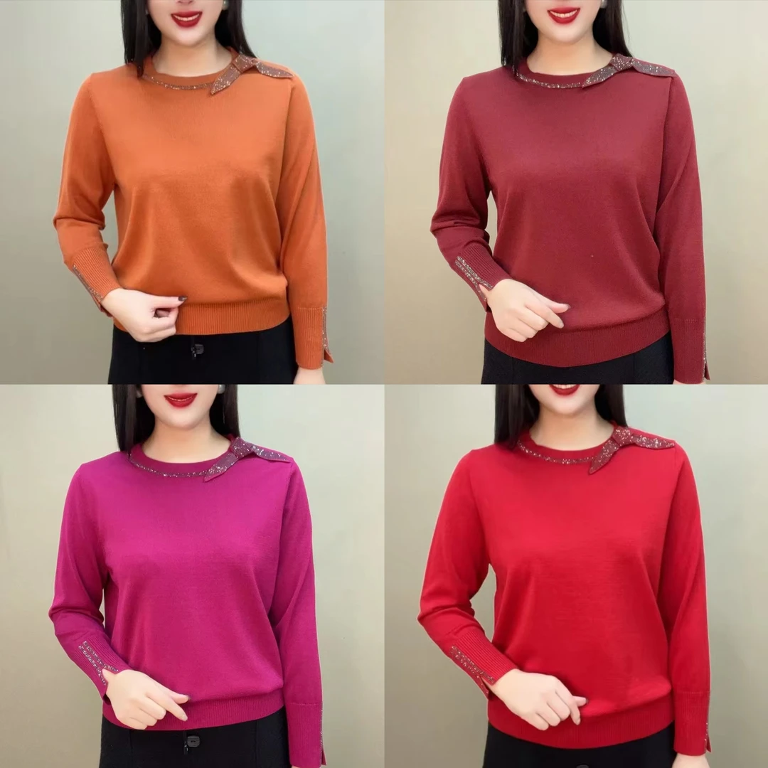 春秋新款圆领针织衫时尚烫钻妈妈装长袖焦麻小衫