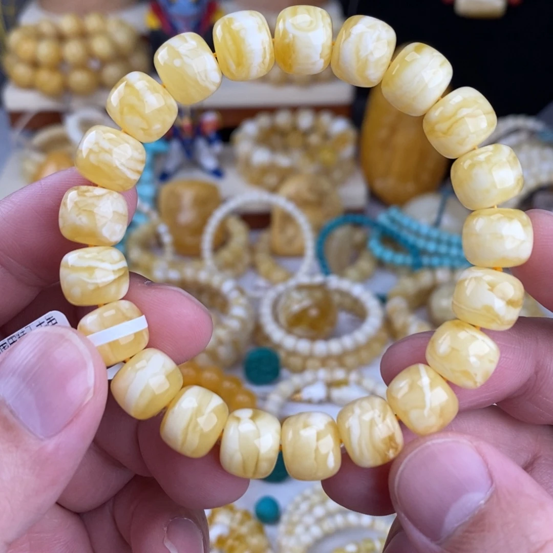 蜜蜡未镶嵌手链金瓷白细纹虎皮千层雪11.3mm