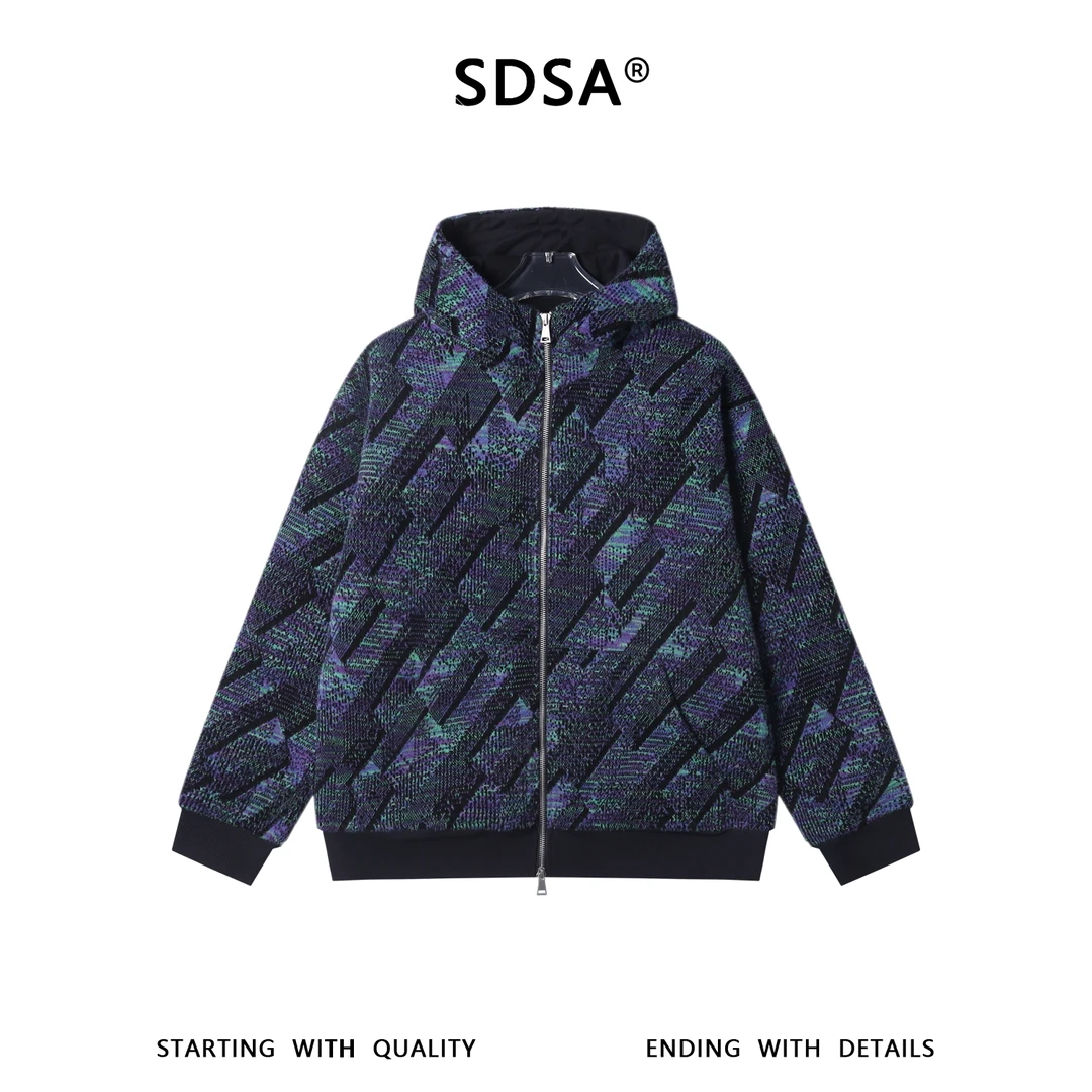 SDSA男士秋冬新款痞帅男装时尚绒毛撞色拉链立领连帽卫衣开衫百搭