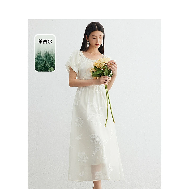 迪赛尼斯夏季气质法式茶歇系长裙优雅圆领短袖连衣裙