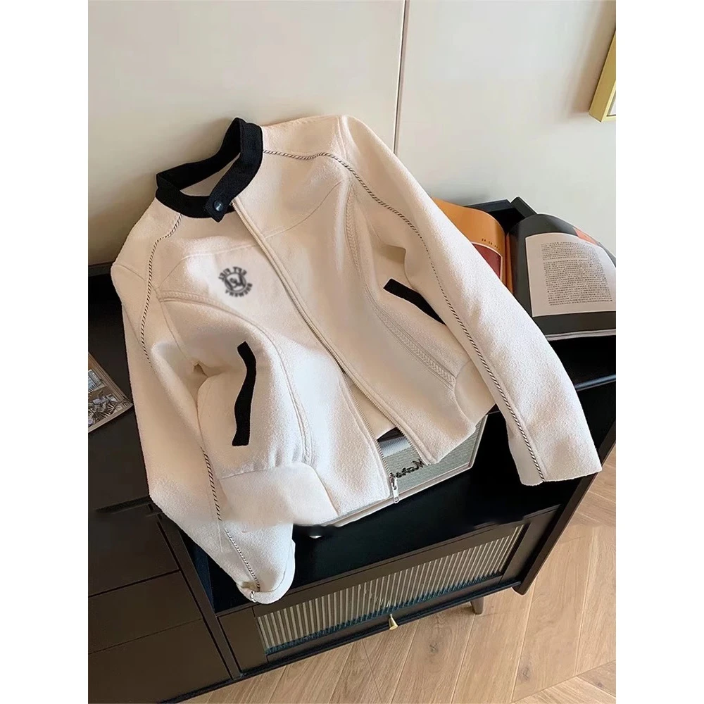 美式白色刺绣立领毛呢棒球服外套女春秋季显瘦高级感气质短款上衣