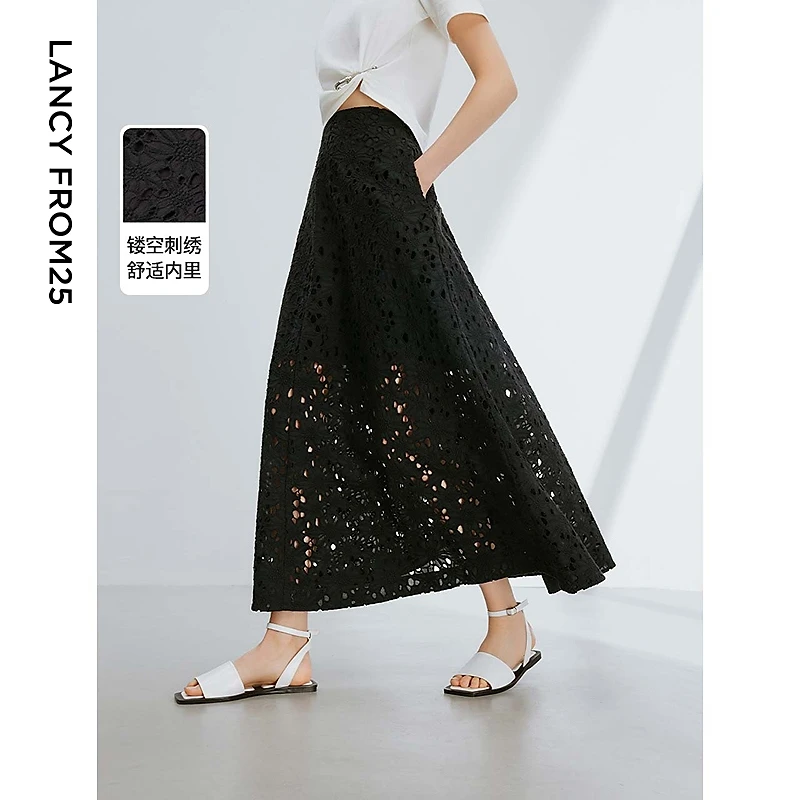 朗姿纯棉设计感镂空气质黑色半身裙法式高级感裙子2024年夏季新款