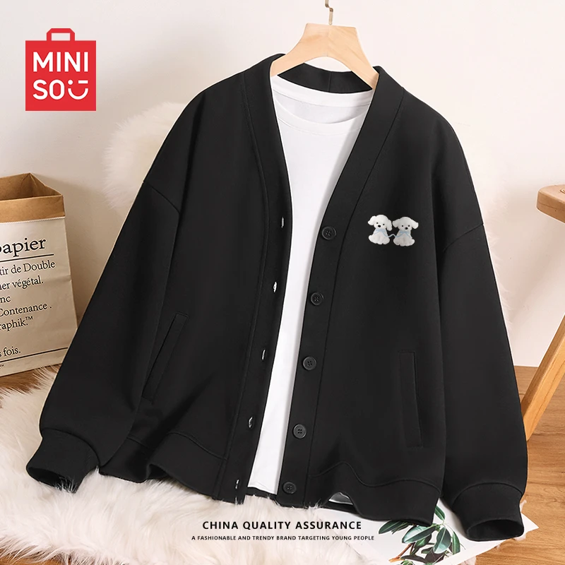 名创优品秋季新款开衫卫衣女款宽松休闲V领外套黑色质感上衣服女