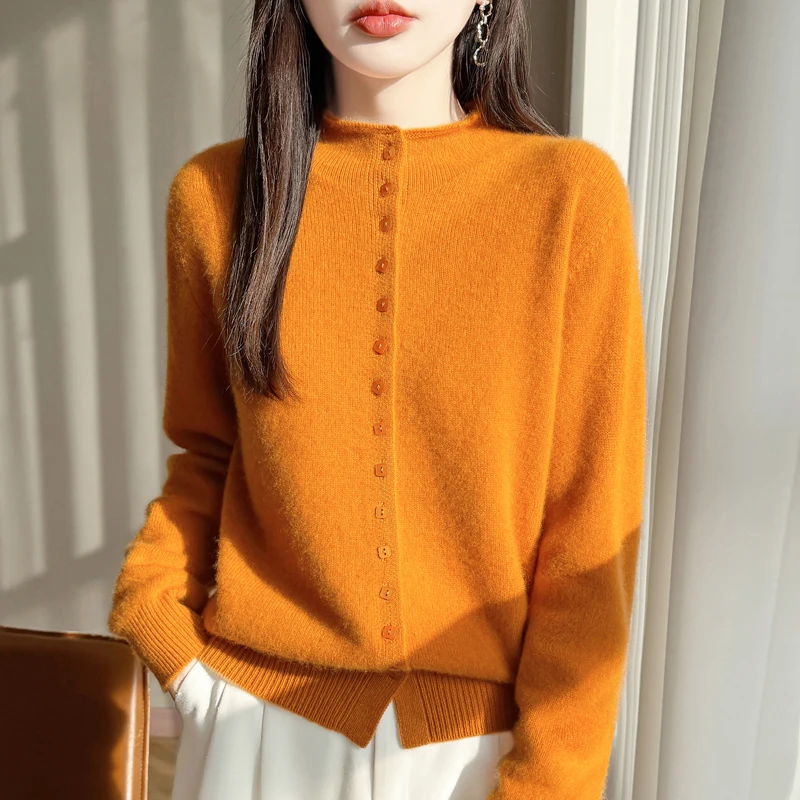 冬季新款重磅加厚保暖圆领100纯羊毛开衫女排扣毛衣针织衫羊毛衫