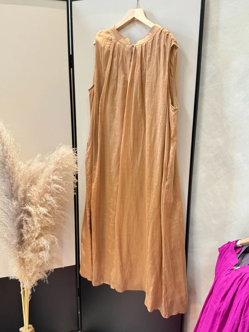 半自由夏季新款复古文艺纯色后背系带领口盘扣连衣裙