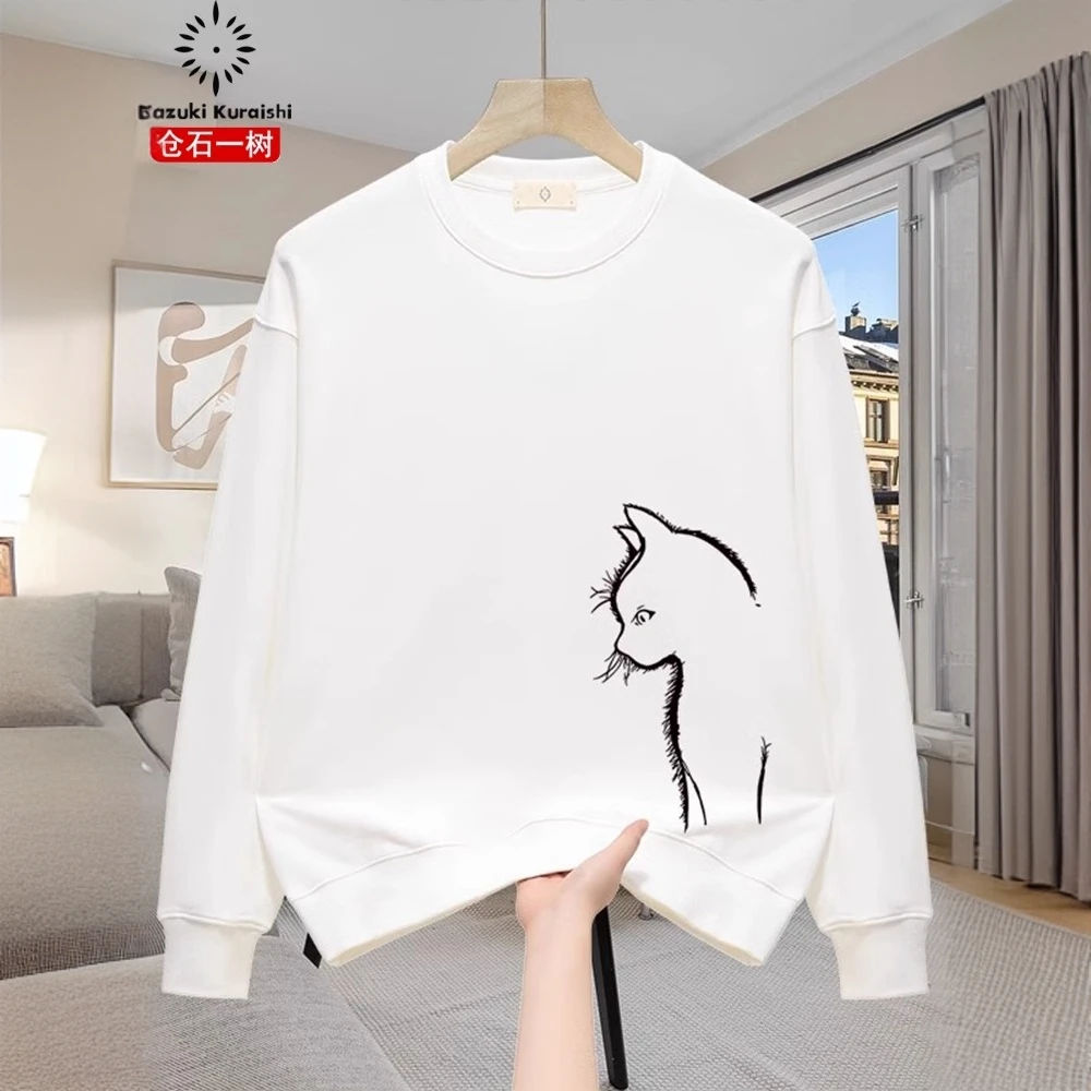 仓石一树潮流猫咪休闲圆领卫衣男士秋冬款百搭宽松情侣装长袖上衣