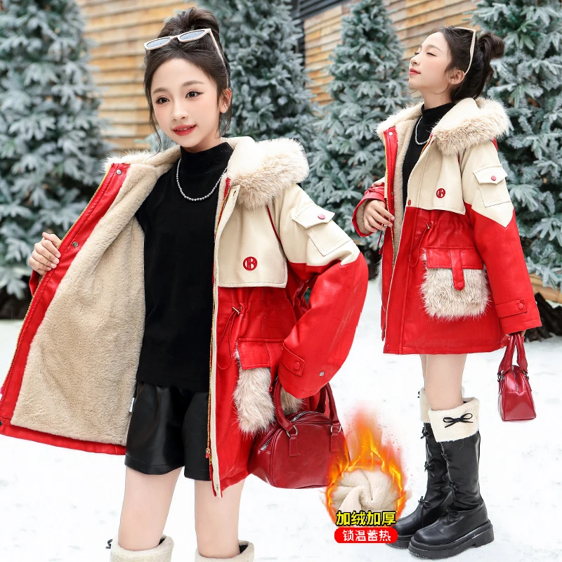 女童加绒皮衣外套冬季新款洋气儿童加厚上衣中大童保暖收腰派克服