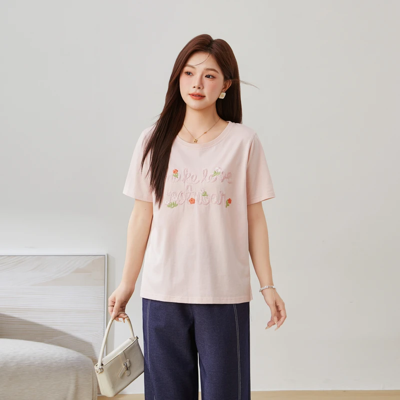 采多宝大码女装重工字母刺绣正肩T恤夏新款减龄圆领上衣EXZ5391