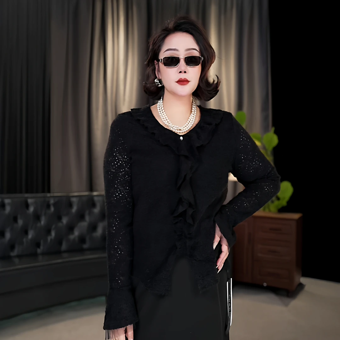 伊馨大码2025秋冬新款胖mm女时尚设计感荷叶边加绒加厚小衫上衣