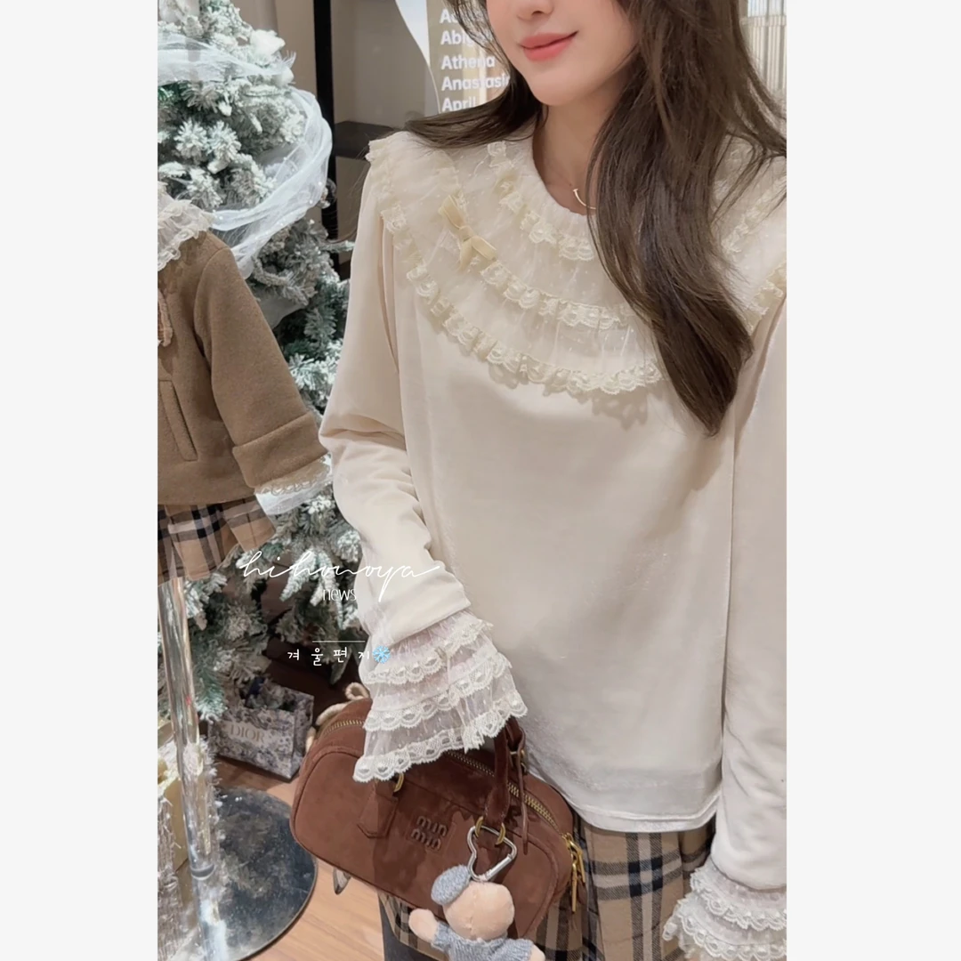 【奶芙蕾丝】五Hihoniya~2025冬季亲子法式甜美蕾丝磨毛打底上衣