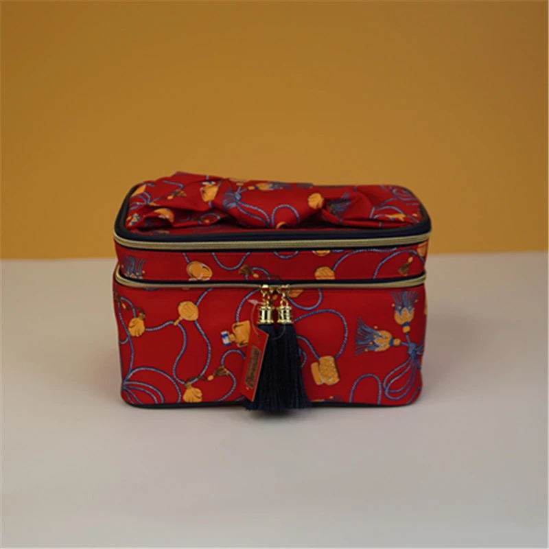 ly912 雅**黛红色印花双层手提化妆箱 便携简约收纳箱 桌面化妆盒