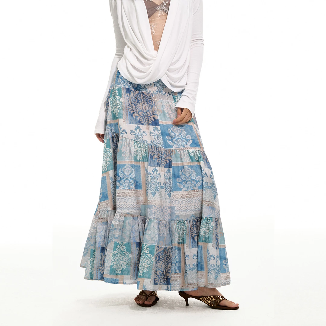 洛边 印象 原创设计师款竹节提花半身裙夏高腰显瘦复古印花A字裙