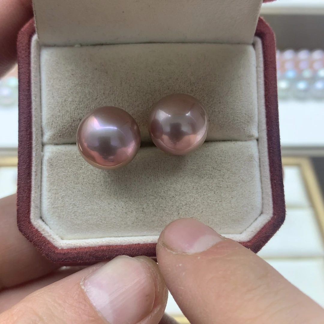 淡水珍珠耳饰18K金镶嵌11-12爱迪生紫珠耳钉